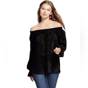 Knox Rose Black Velvet Burnout Blouse Long Sleeve with Ruffle Cuff Whimsigoth  M